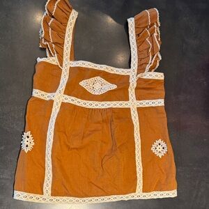 Sezane Burnt Orange Top with Cream Lace